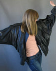 80s leather bomber jacket with batwing sleeves