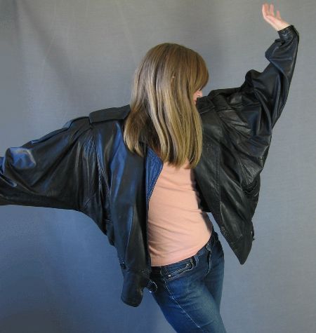 80s leather bomber jacket with batwing sleeves