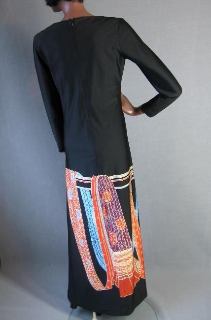 back view, 70s long black shift dress with colorful border scarf print