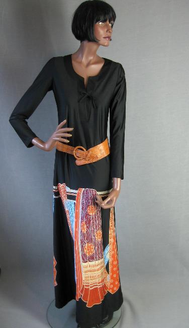 Tori Richard long dress with graphic scarf print. belted