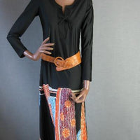 Tori Richard long dress with graphic scarf print. belted