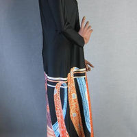 side view, 70s long dress with trompe l'oeil scarf print on skirt
