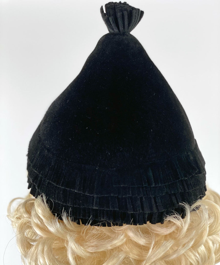 closer view of peak, 1940s 1950s witchy black velour pixie hat
