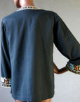 back view, 70s Bohemian embroidered black tunic