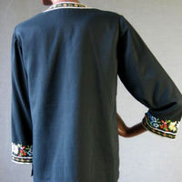 back view, 70s Bohemian embroidered black tunic