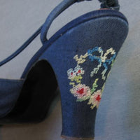 close up of needlepoint embroidery on back of heel, 1950s slingback heels