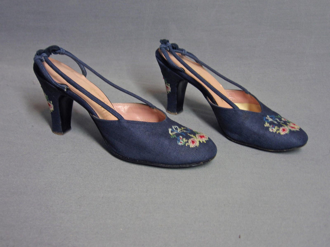 50s Women's Vintage Heels by Troylings Slingback Needlepoint Trim Shoes 7 8 VFG