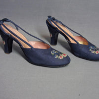 50s Women's Vintage Heels by Troylings Slingback Needlepoint Trim Shoes 7 8 VFG