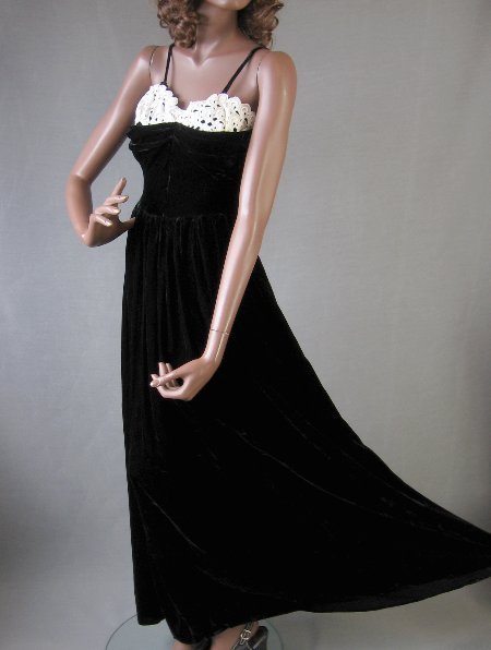 vintage 1950s black velvet evening gown with lace accent