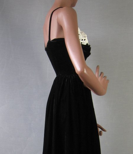 side view, 50s vintage full skirt long black velvet evening dress