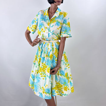 50s 60s Dress Full Skirt Shirtwaist Women's Bright Floral Print Vintage VFG Large Westbury