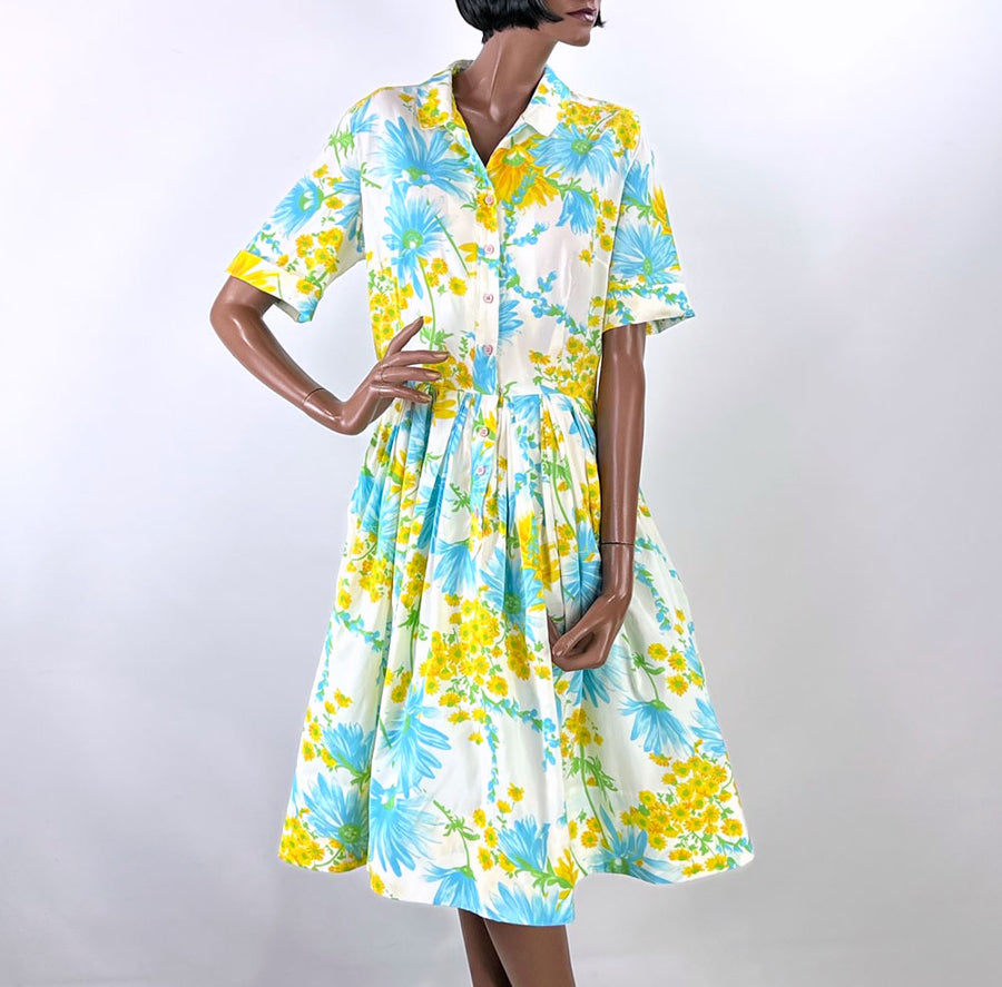 50s 60s Dress Full Skirt Shirtwaist Women's Bright Floral Print Vintage VFG Large Westbury