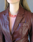 close up, lapels and upper body of curvy 70s leather blazer jacket