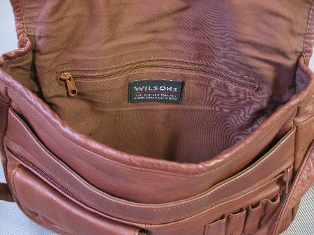 largest compartment of 90s bag showing Wilson's Leather label