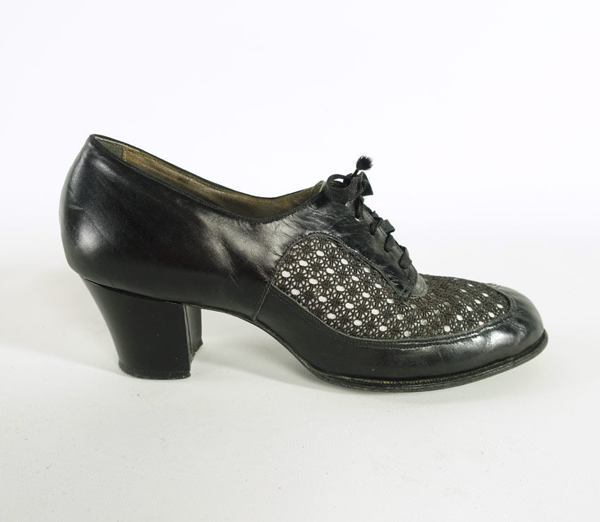 silhouette view of 50s mesh and leather oxford heels