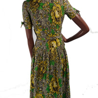 back view, yellow and green print dress