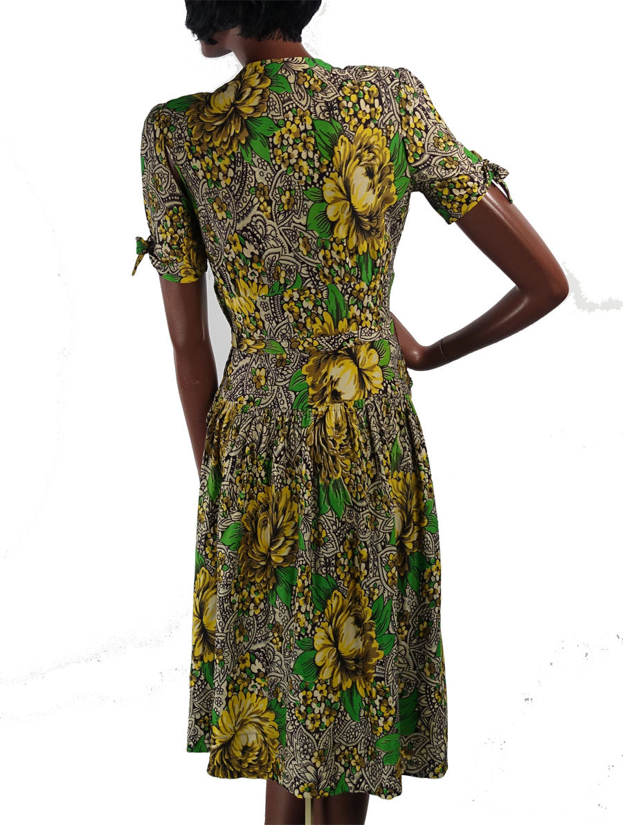 back view, yellow and green print dress