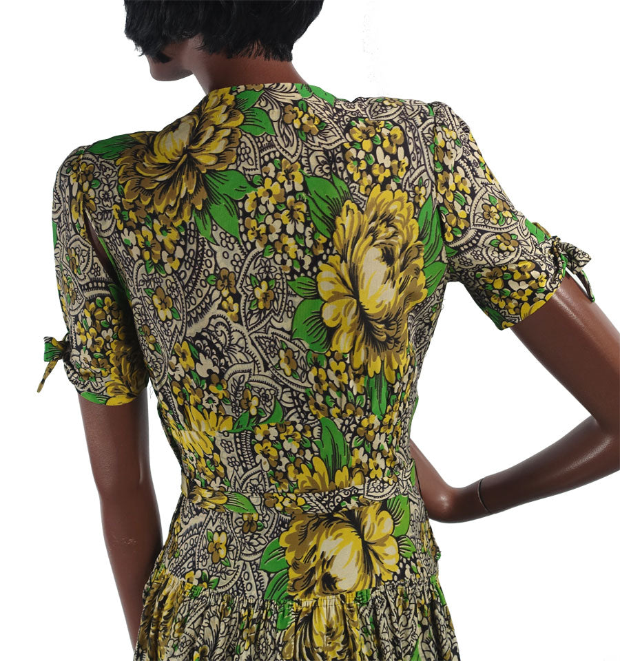 back of bodice, 40s yellow and green print dress