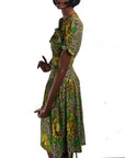 side view, 40s print dress