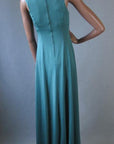 back view,70s  jersey knit green maxidress with high cut armholes