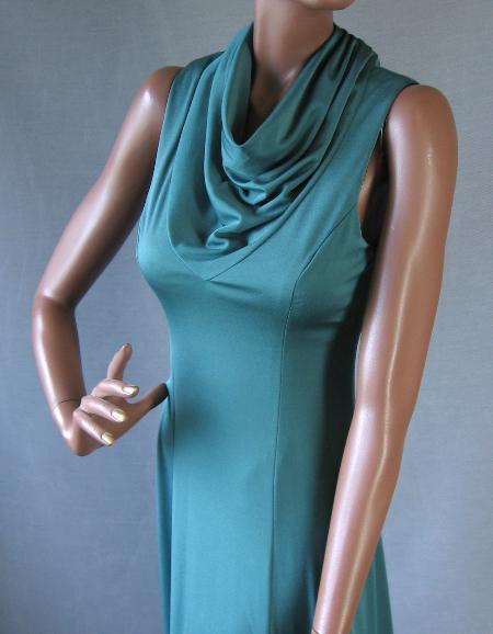 draped cowl neck bodice, emerald green long dress