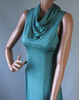 draped cowl neck bodice, emerald green long dress